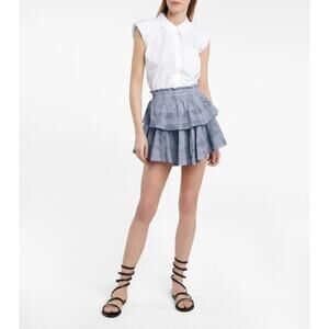 LoveShackFancy Gray Cotton Mini Skirt with Lace Trim, Ruffles, and Pleated Tiers